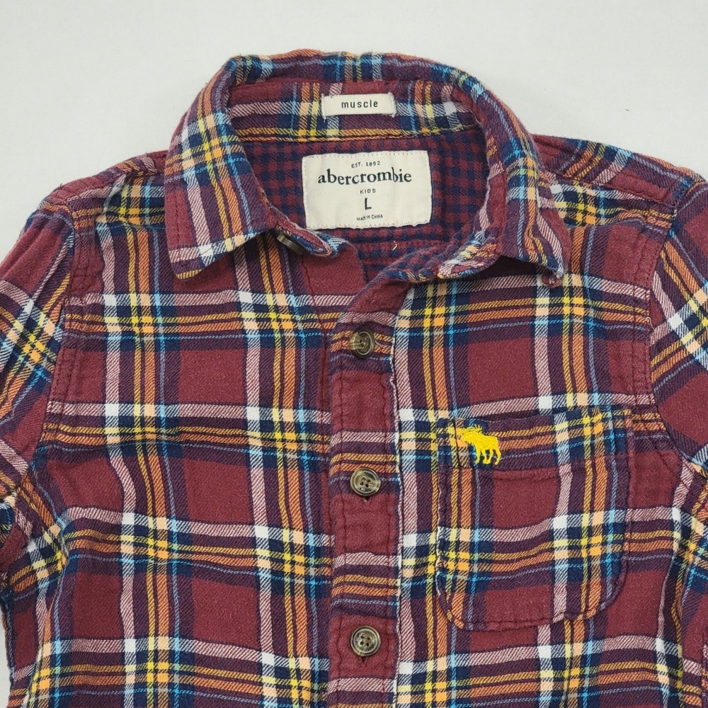 Abercrombie Kids Boys Large Muscle Flannel Shirt Plaid Burgundy Yellow Moose